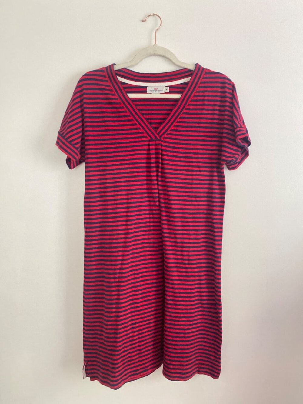 Vineyard Vines Women's Red & Navy Striped Cotton V-Neck T-Shirt Dress Size M